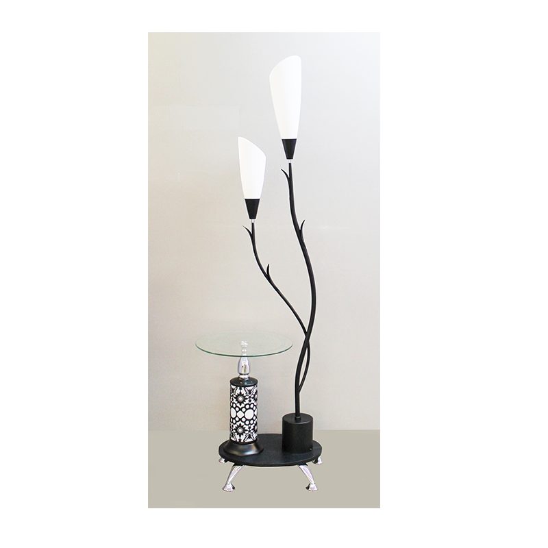 Lampadaire tulipes noir avec tablette en verre