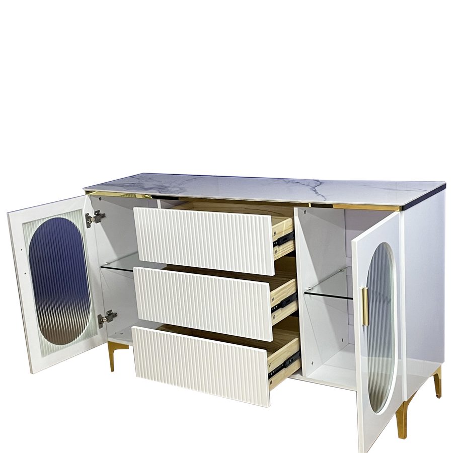 Buffet blanc et doré 140 cm, 2 portes 3 tiroirs