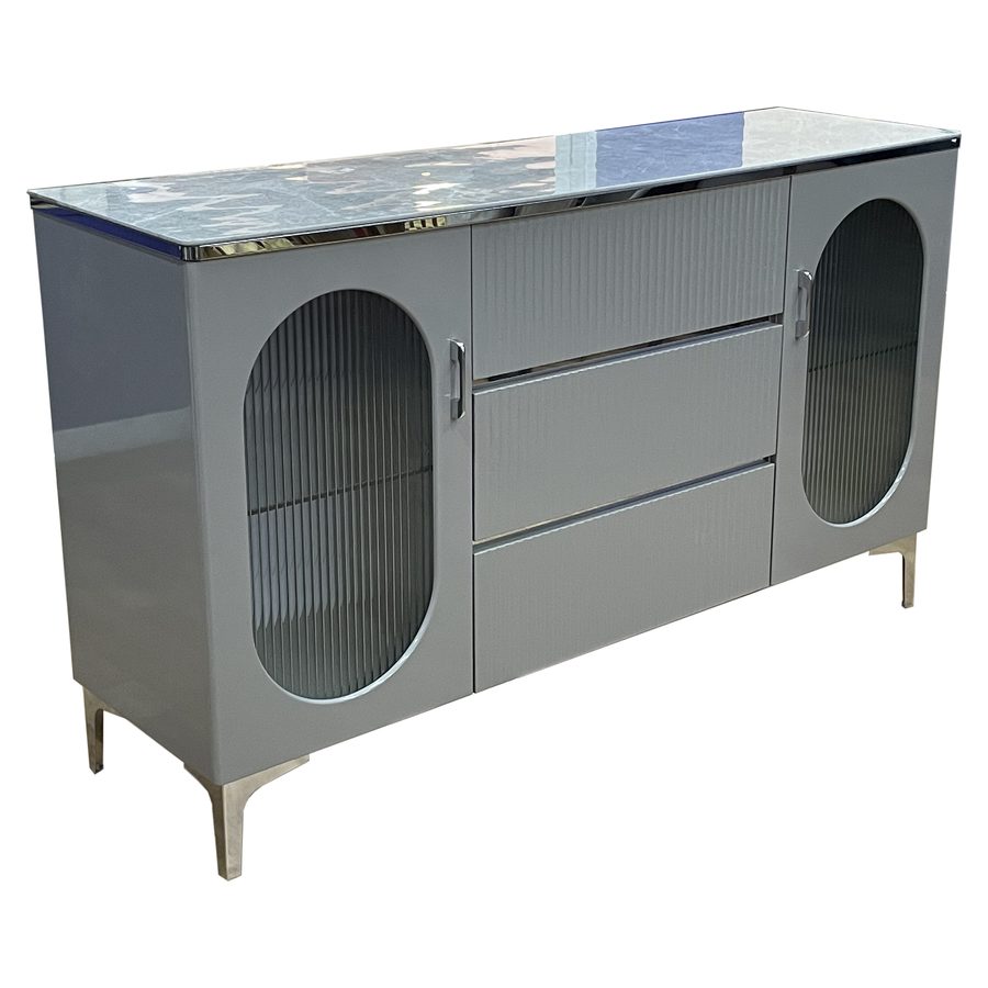 Buffet gris et argenté 140 cm, 2 portes 3 tiroirs