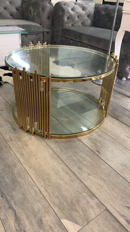 Table basse ronde en verre et métal doré 80 cm
