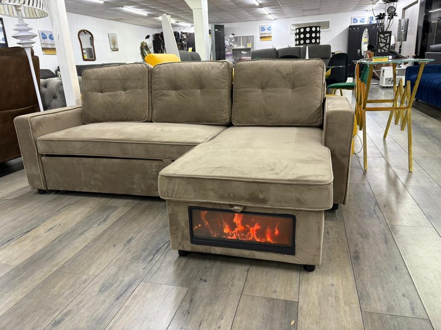 Canapé Angle Convertible Lit Cheminée Et Bluetooth Music velours et métal taupe