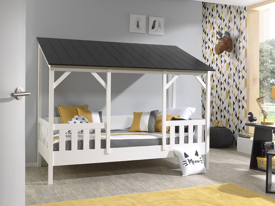 Lit Cabane 90 x 200 cm Toit bois Noir