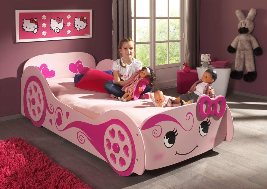 Lit Carrosse Princesse Love rose avec sommier + matelas Basic Cool 90 x 200 cm