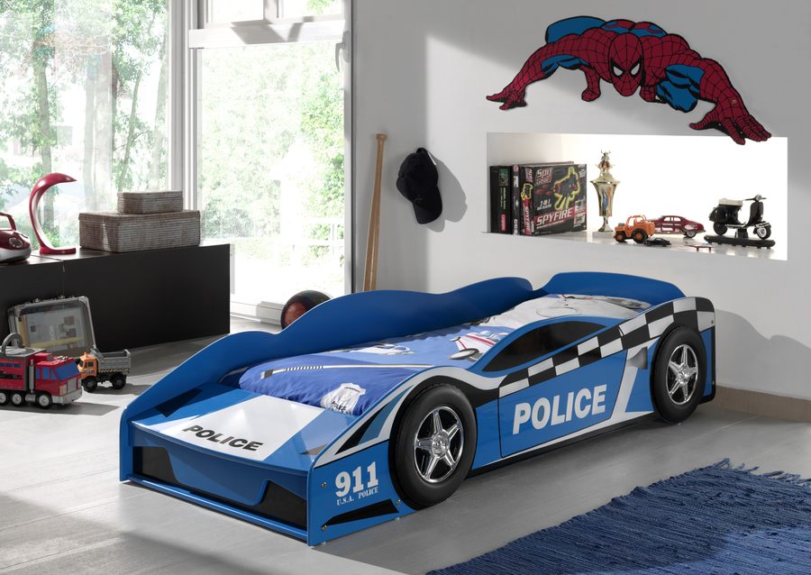 Lit voiture Police Car bleu avec sommier + matelas Junior Soft 70 x 140 cm